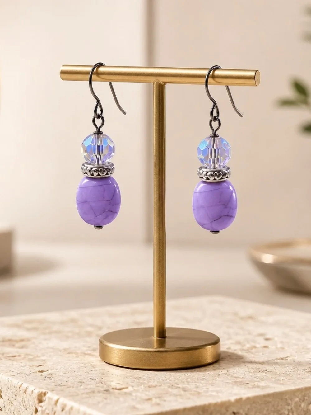 Lavender Stone Drop Earrings with Crystal Accent